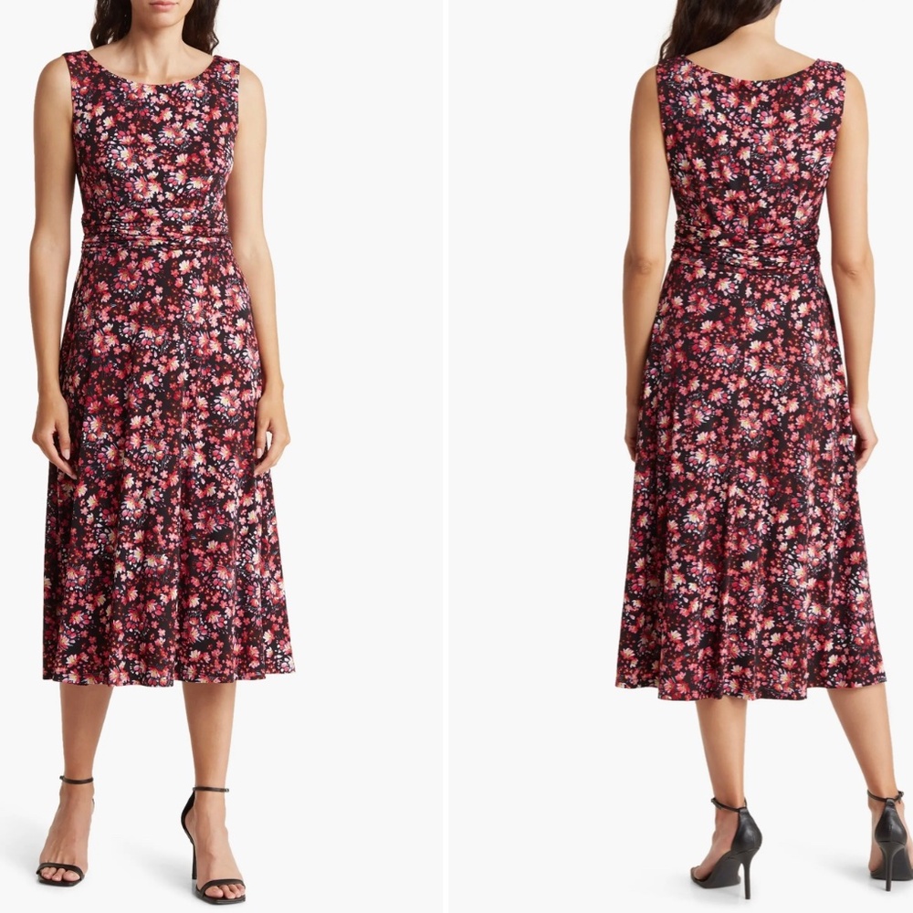 Connected Apparel Pink Floral Sleeveless Pleated Waist Midi Dress Size 14 EUC